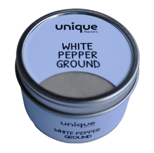 White Pepper Ground 3 oz Tin Can -white pepper ground pepper spices herbs seasonings unique flavors spicy spices shop white pepper black pepper pepper online alternative to salt ground spices seasoning herbs white pepper vs black pepper Unique Flavors Spices Unique Flavors LLC 